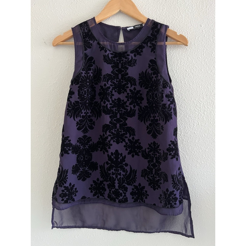 Next Burnout Jacquard Purple Tunic Top Small Sheer Whimsigoth Dark Romantic